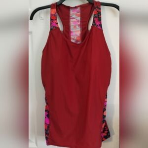 Plus Size Red/Patterned Racer Back Swim Top